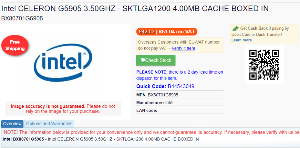 Intel Celeron G5905 listing