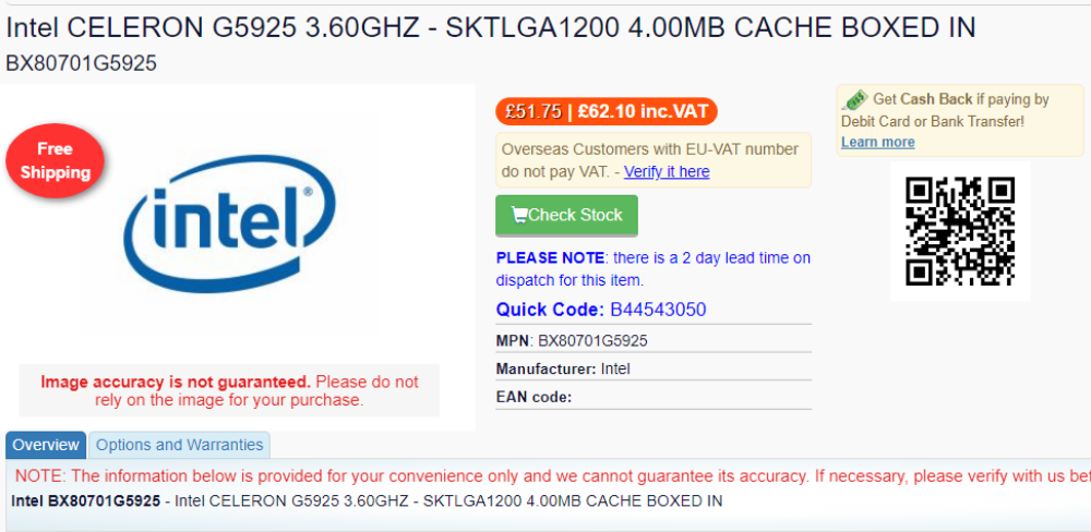 Intel Celeron G5925 listing
