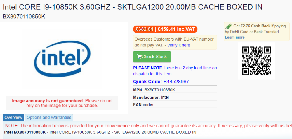 Intel Core i9 10850K listing