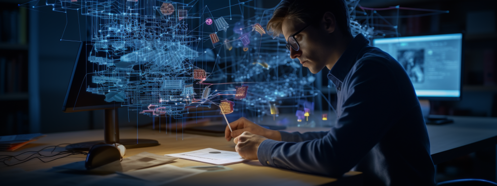 A person learning about data modeling at a desk with a 3D design in front of them.