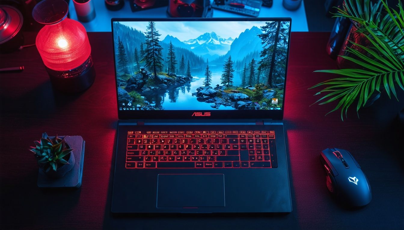 A top-down view of the ASUS TUF Gaming F15 laptop in use.