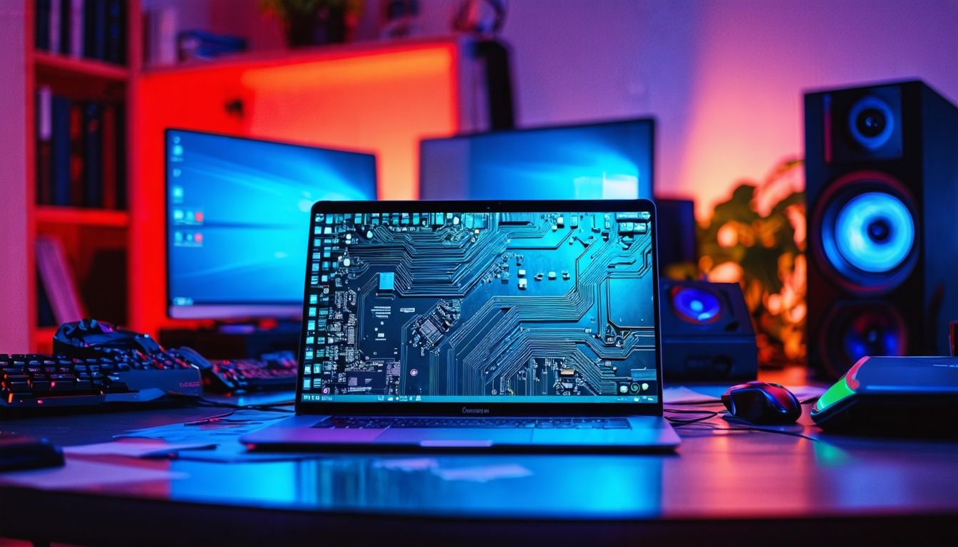 An open laptop with powerful gaming graphics displayed on screen.