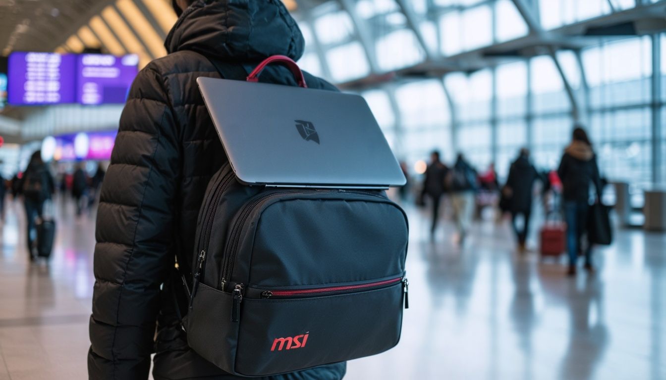 A person confidently walks in airport with MSI GF63 Thin.