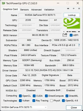 MSI RTX 5070 TI INFO