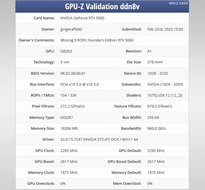 geforce rtx 5080 fe gpu z screenshot