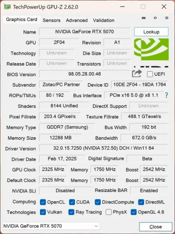 ZOTAC RTX 5070 INFO